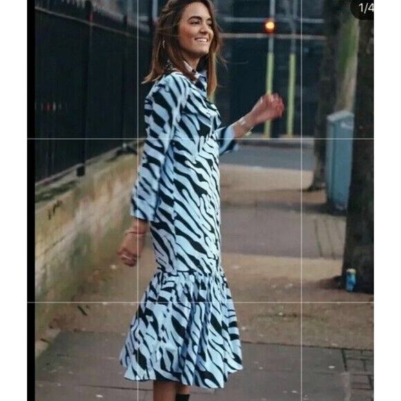 Zara Womens Dress Sz M Powder Blue Black Zebra Animal Print Shirt Long - Picture 4 of 12